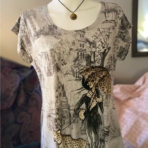 Red Coral M Tunic with Sepia-toned gray/black background, w/ Lady & Leopard.